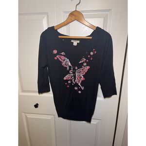 Self Esteem Butterfly Hoodie Top Womens XL Black Pink Y2K Graphic
